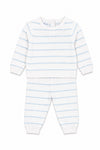 Carriage Boutique baby two-piece set in white with sky-blue horizontal stripes, featuring a long-sleeve top and pants.