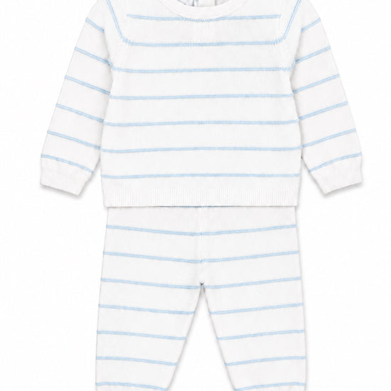 Carriage Boutique newborn two-piece set featuring a white and sky-blue striped long-sleeve top and matching leggings.