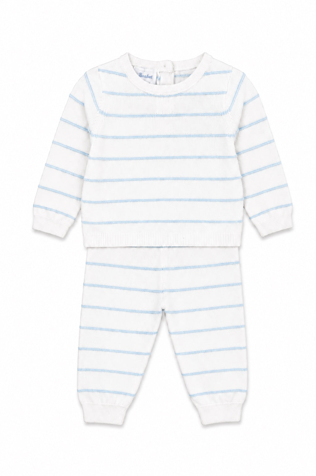 Carriage Boutique newborn two-piece set featuring a white and sky-blue striped long-sleeve top and matching leggings.