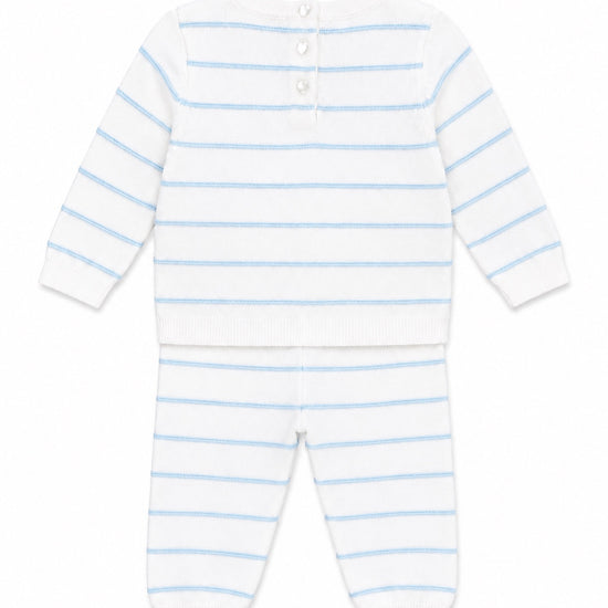 Carriage Boutique newborn set featuring a white and sky-blue striped long-sleeve top and matching leggings.