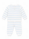 Carriage Boutique newborn set featuring a white and sky-blue striped long-sleeve top and matching leggings.