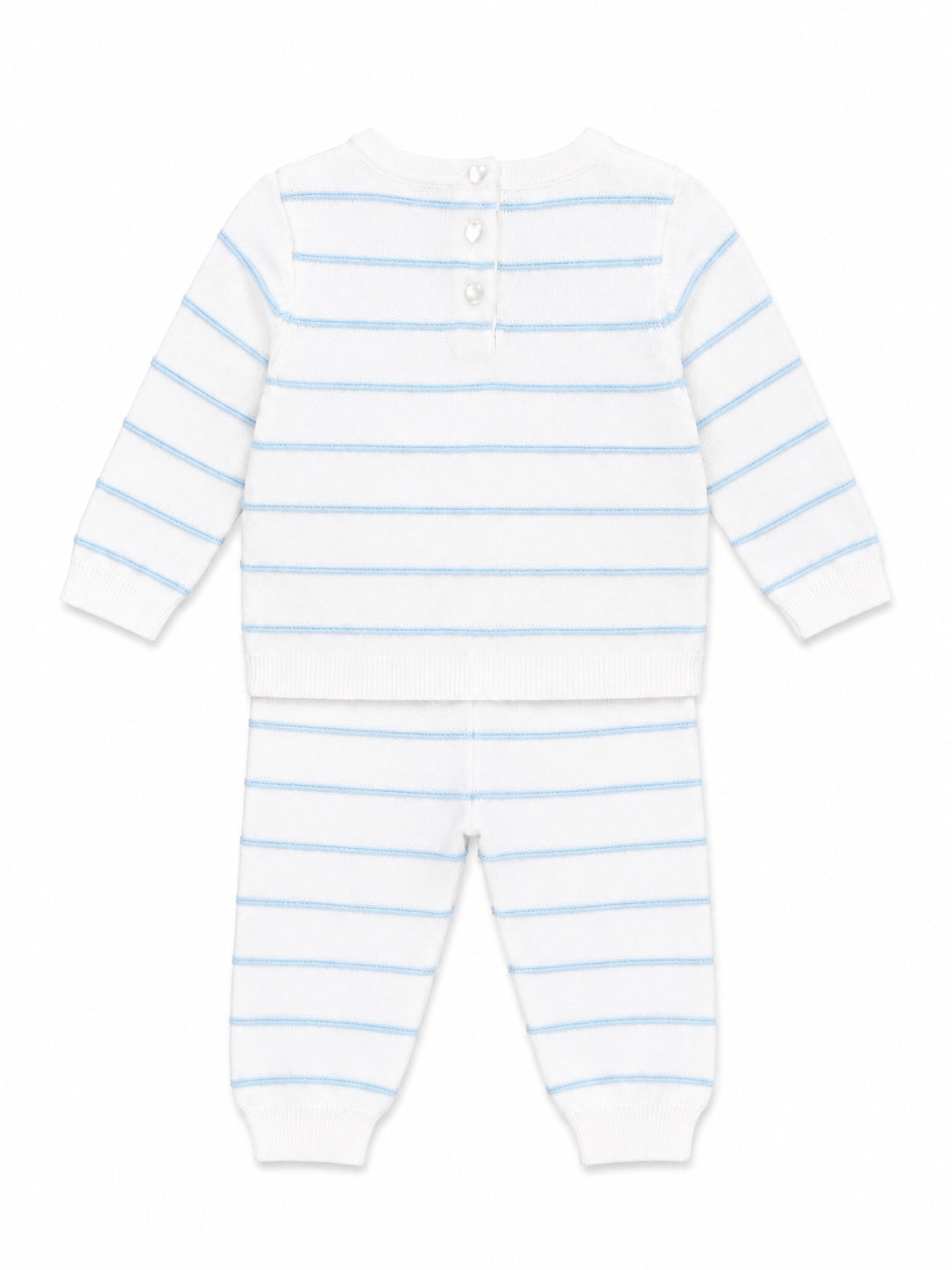 Carriage Boutique newborn set featuring a white and sky-blue striped long-sleeve top and matching leggings.