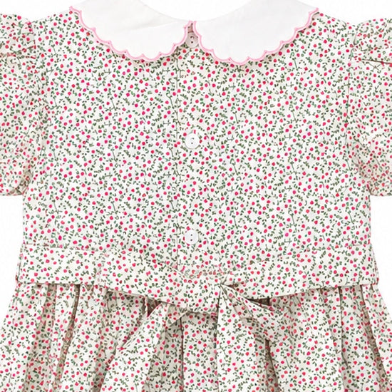 Carriage Boutique tan floral baby girl dress with puff sleeves, white scalloped collar, and back button closure.