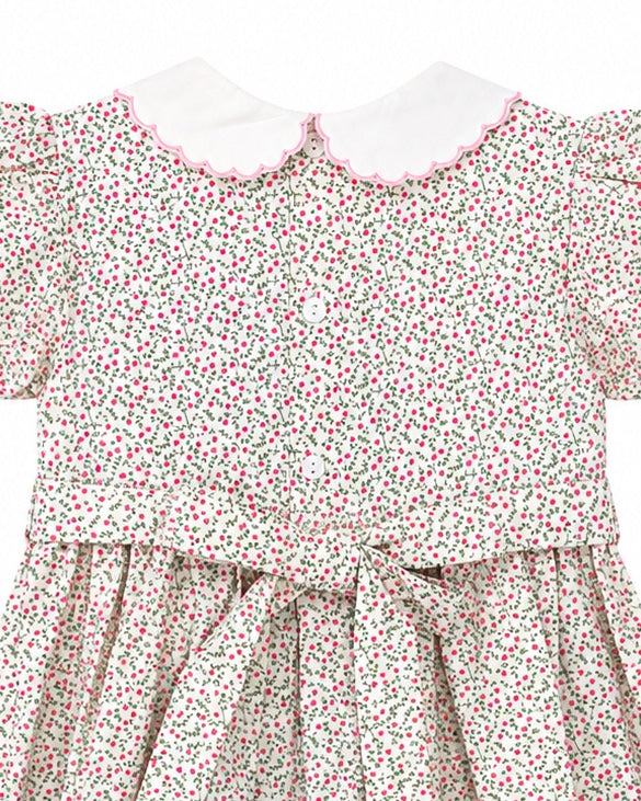 Carriage Boutique tan floral baby girl dress with puff sleeves, white scalloped collar, and back button closure.