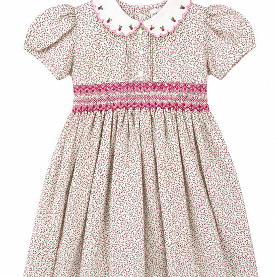 Carriage Boutique toddler girl dress in tan floral cotton with puff sleeves, smocked red diamond detail, and collar.