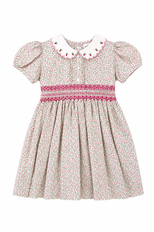 Carriage Boutique toddler girl dress in tan floral cotton with puff sleeves, smocked red diamond detail, and collar.
