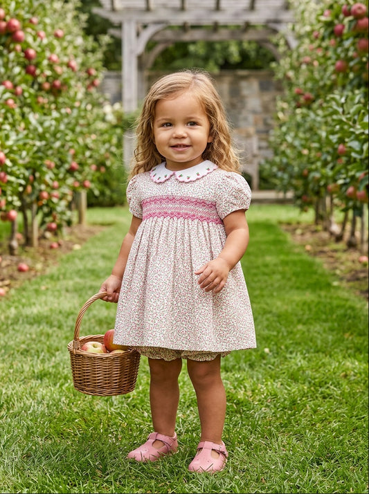Carriage Boutique toddler girl wearing a tan floral cotton dress with smocked red diamond detail and puff sleeves.