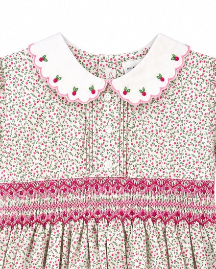Carriage Boutique tan floral toddler dress with a white scalloped collar, red berry embroidery, and smocked waist.
