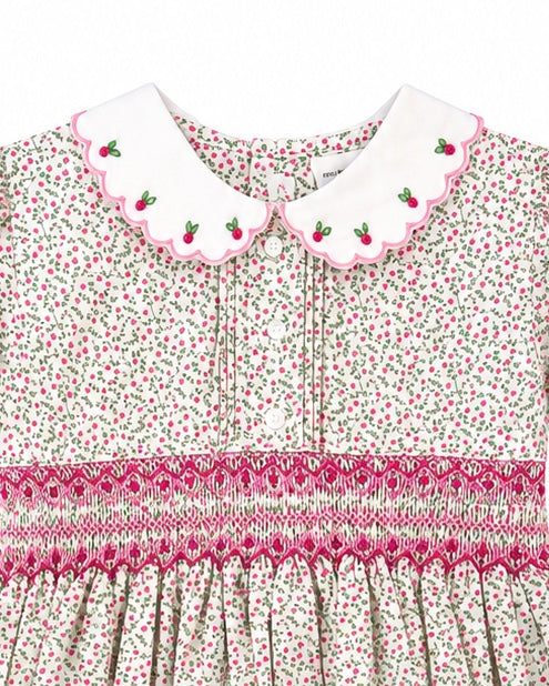 Carriage Boutique tan floral toddler dress with a white scalloped collar, red berry embroidery, and smocked waist.