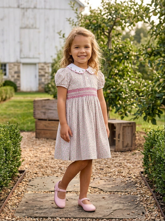 Carriage Boutique tan floral cotton toddler dress with puff sleeves, white collar, and smocked red diamond detail.