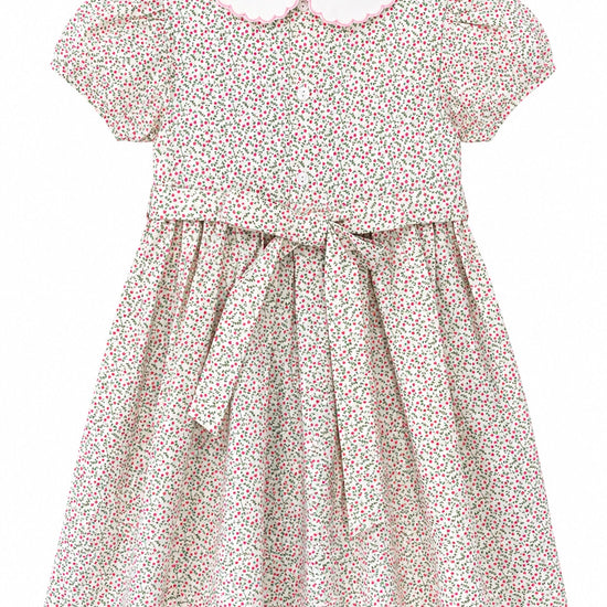 Carriage Boutique toddler girl dress in tan floral cotton with puff sleeves, white scalloped collar, and back buttons.