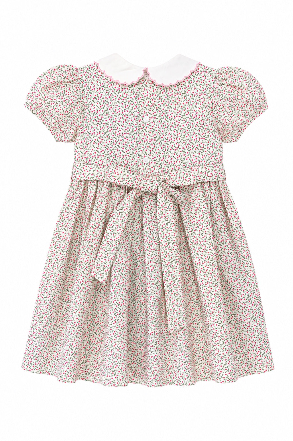 Carriage Boutique toddler girl dress in tan floral cotton with puff sleeves, white scalloped collar, and back buttons.