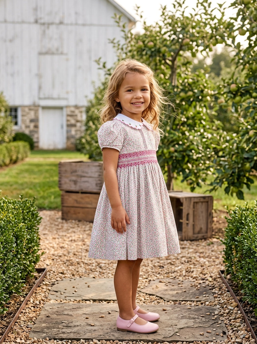 Carriage Boutique toddler girl wearing a tan floral cotton dress with puff sleeves and smocked red diamond detailing.