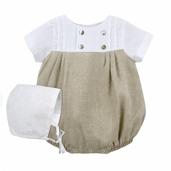 Carriage Boutique tan and white baby boy bubble romper with matching bonnet featuring decorative buttons and collar.