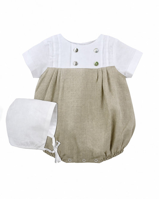 Carriage Boutique tan and white baby boy bubble romper with matching bonnet featuring decorative buttons and collar.