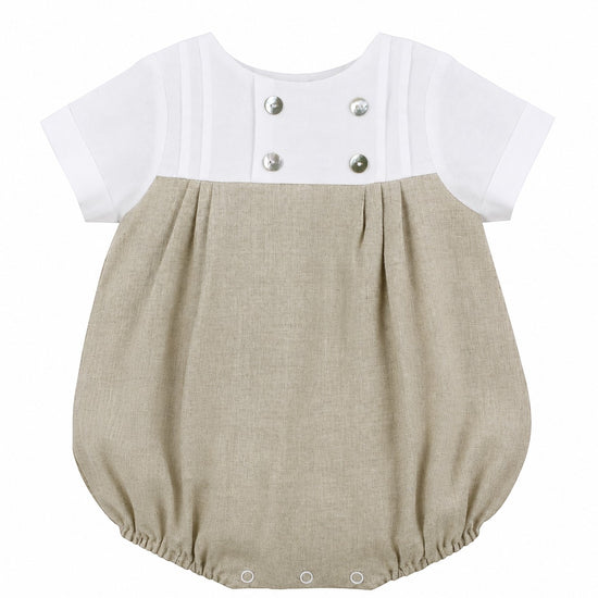 Carriage Boutique baby boy bubble romper in tan and white with decorative buttons and pleated detailing