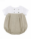 Carriage Boutique baby boy bubble romper in tan and white with decorative buttons and pleated detailing