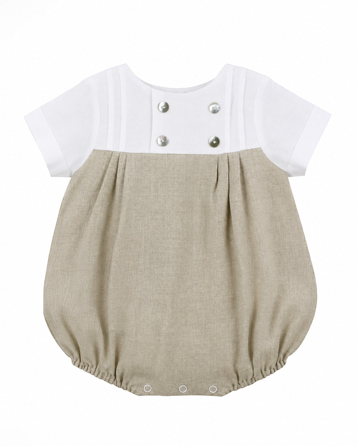 Carriage Boutique baby boy bubble romper in tan and white with decorative buttons and pleated detailing