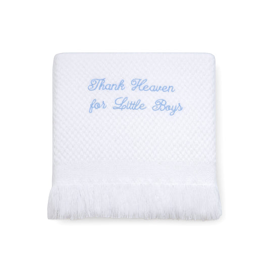 Carriage Boutique Julius Berger white baby blanket with blue embroidered Thank Heaven for Little Boys and fringe trim