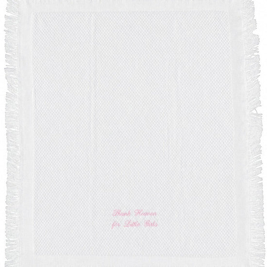 Carriage Boutique white baby blanket with fringe trim and Thank Heaven for Little Girls embroidery in pink