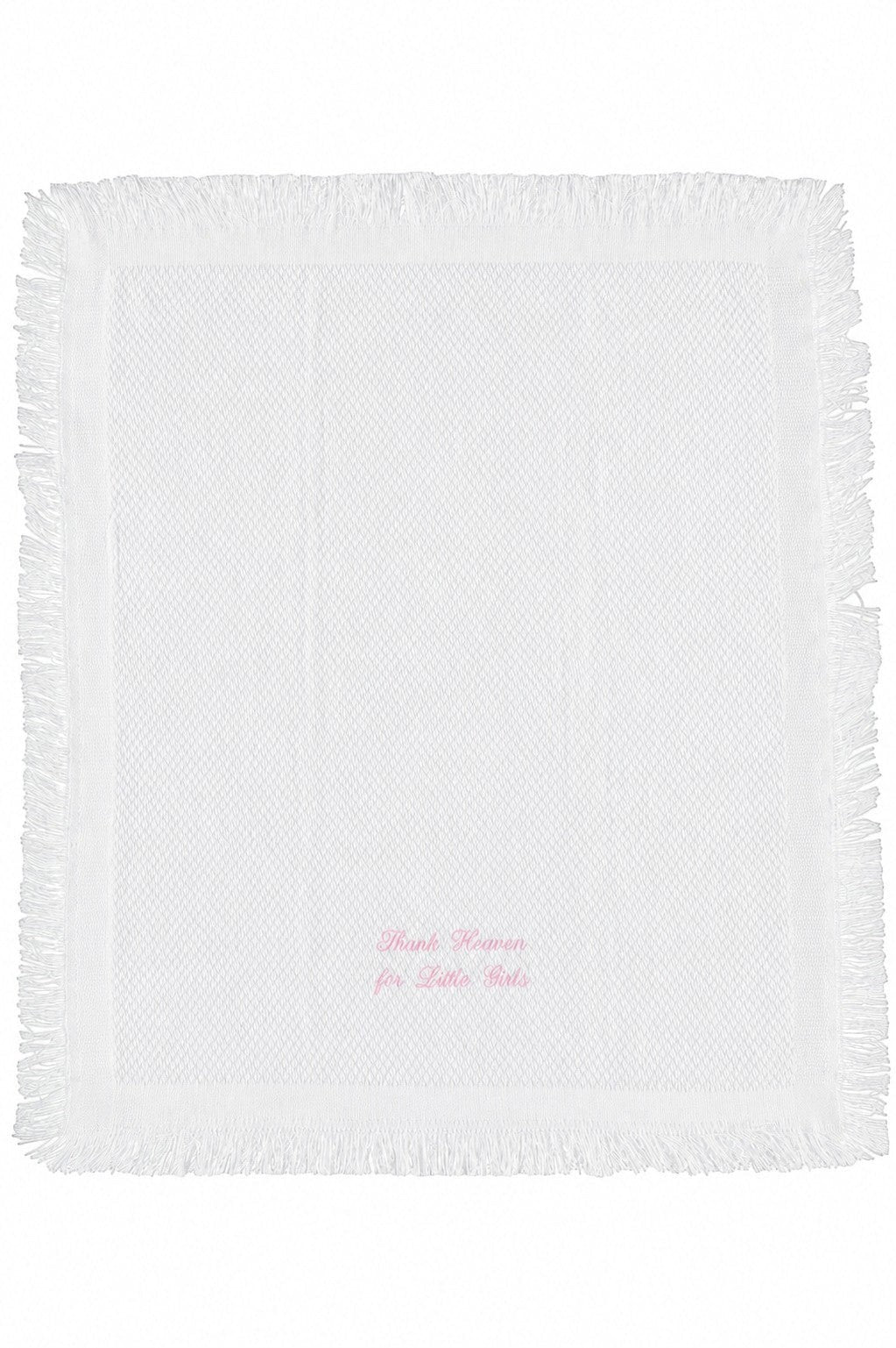 Carriage Boutique white baby blanket with fringe trim and Thank Heaven for Little Girls embroidery in pink