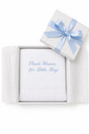 Carriage Boutique white baby blanket with blue Thank Heaven for Little Boys embroidery and fringe in a gift box