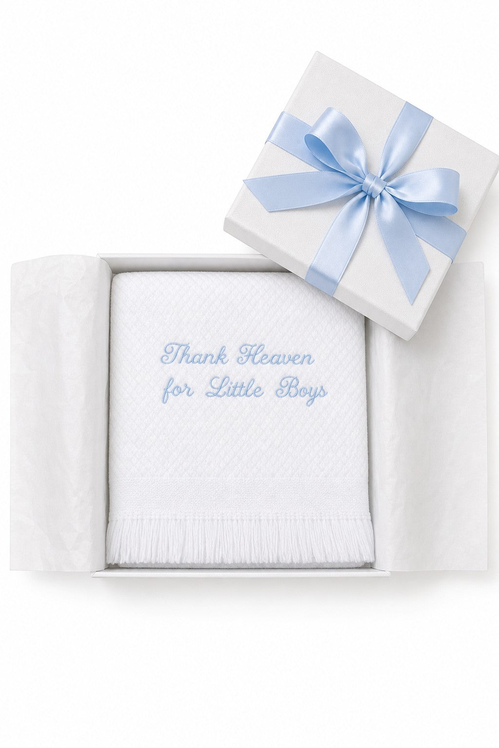 Carriage Boutique white baby blanket with blue Thank Heaven for Little Boys embroidery and fringe in a gift box