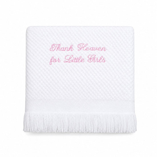 Carriage Boutique white baby blanket with pink embroidered Thank Heaven for Little Girls text and fringe trim