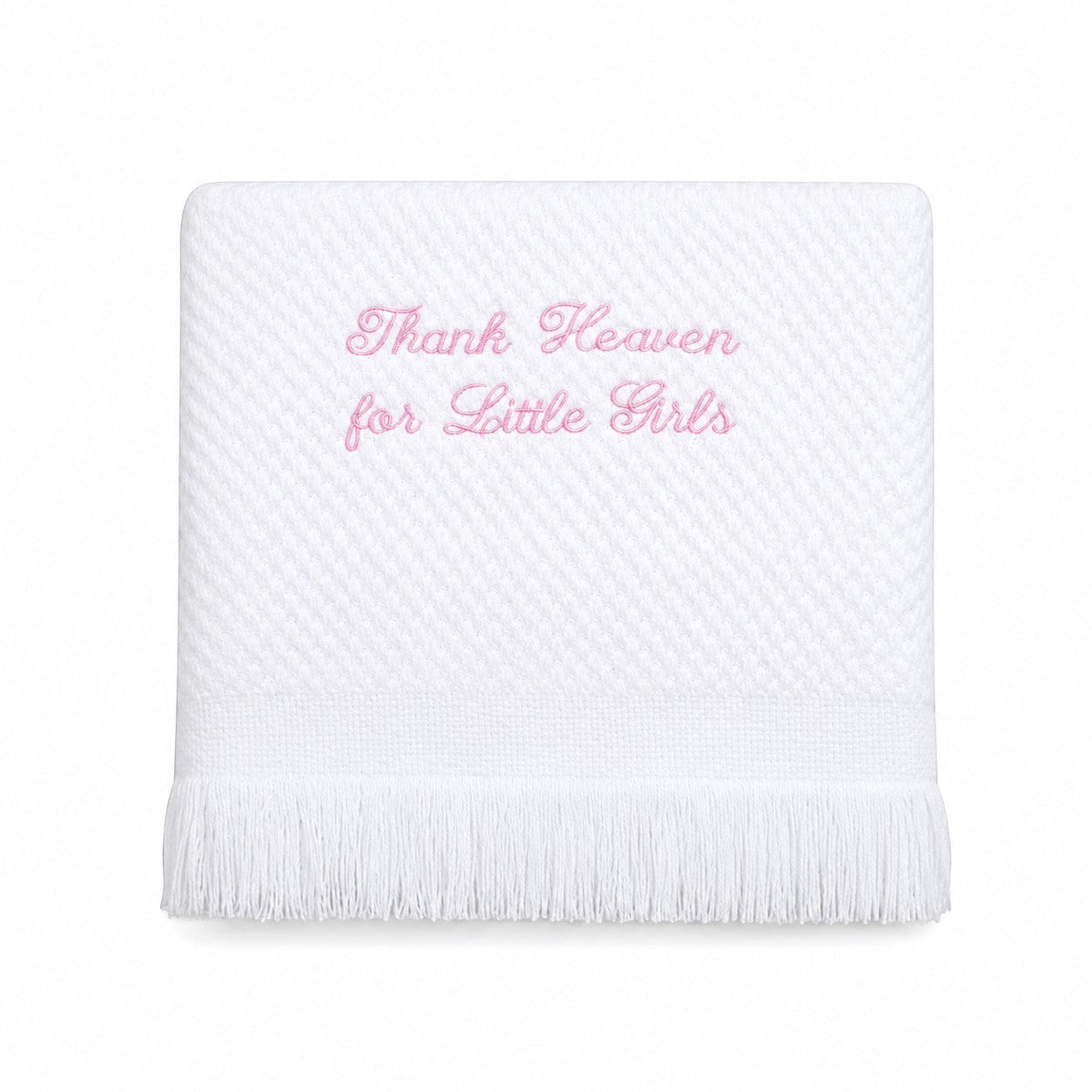 Carriage Boutique white baby blanket with pink embroidered Thank Heaven for Little Girls text and fringe trim