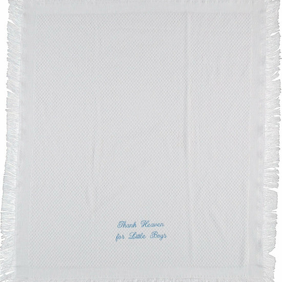 Carriage Boutique white baby blanket with fringe edges and blue Thank Heaven for Little Boys embroidery
