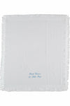 Carriage Boutique white baby blanket with fringe edges and blue Thank Heaven for Little Boys embroidery