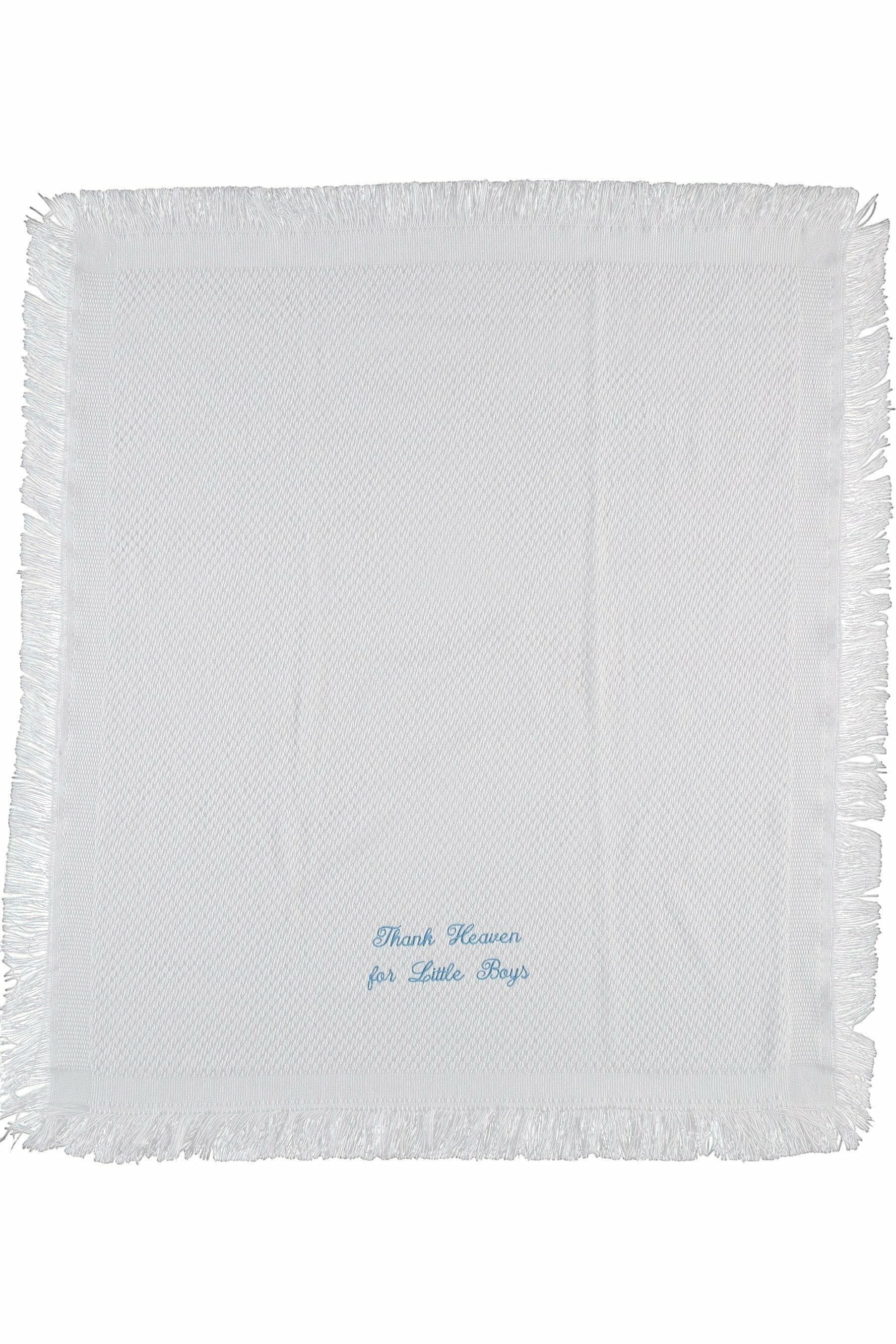 Carriage Boutique white baby blanket with fringe edges and blue Thank Heaven for Little Boys embroidery
