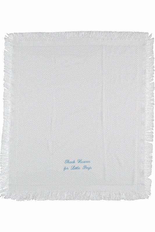 Carriage Boutique white baby blanket with fringe edges and blue Thank Heaven for Little Boys embroidery