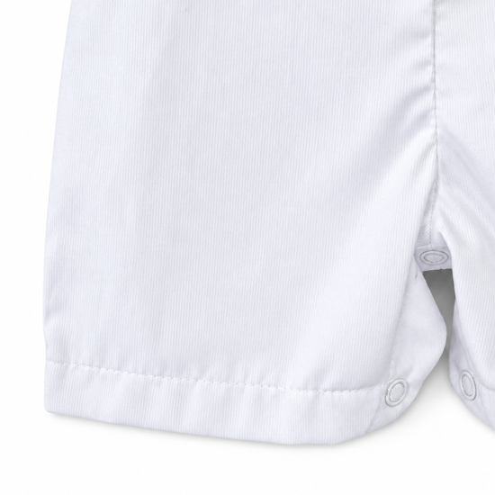 Carriage Boutique white bobby suit shorts featuring a snap crotch for easy diaper changes in soft breathable fabric