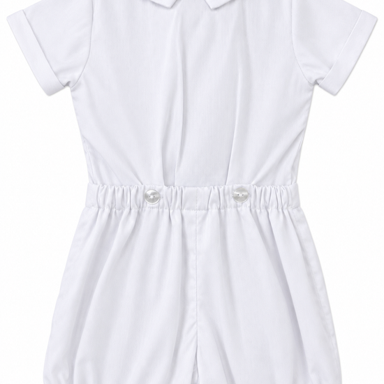 Carriage Boutique white baby boy bobby suit with a Peter Pan collar, short sleeves, and button waist detail.