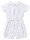 Carriage Boutique white baby boy bobby suit with a Peter Pan collar, short sleeves, and button waist detail.