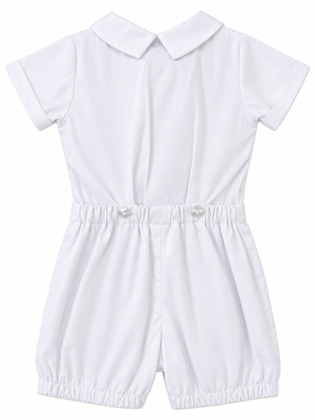 Carriage Boutique white baby boy bobby suit with a Peter Pan collar, short sleeves, and button waist detail.