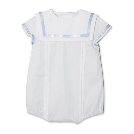 Carriage Boutique white baby bubble romper with a sailor-style collar and light blue trim details.