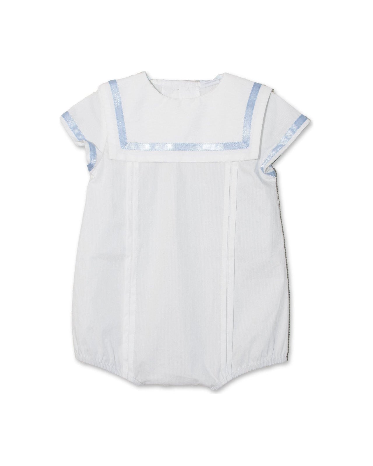 Carriage Boutique white baby bubble romper with a sailor-style collar and light blue trim details.