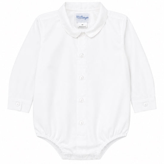 Carriage Boutique white long sleeve baby boy button-down bodysuit with a classic collar and front button closure.