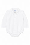 Carriage Boutique white long sleeve baby boy button-down bodysuit with a classic collar and front button closure.