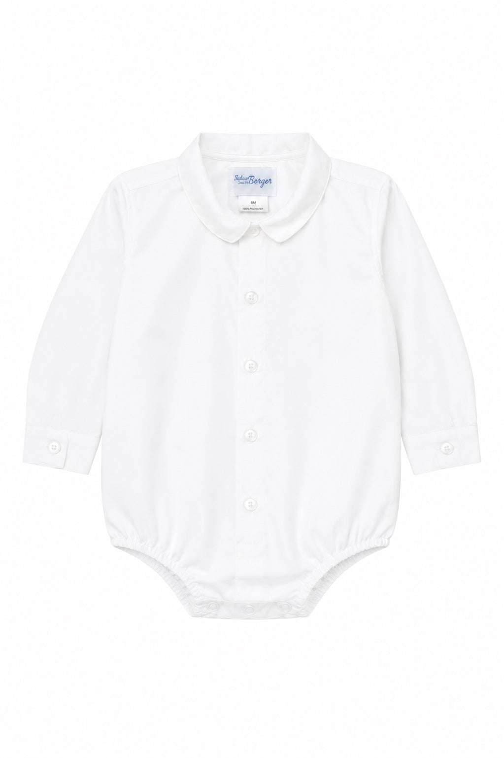 Carriage Boutique white long sleeve baby boy button-down bodysuit with a classic collar and front button closure.