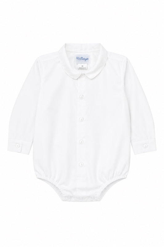Carriage Boutique white long sleeve baby boy button-down bodysuit with a classic collar and front button closure.