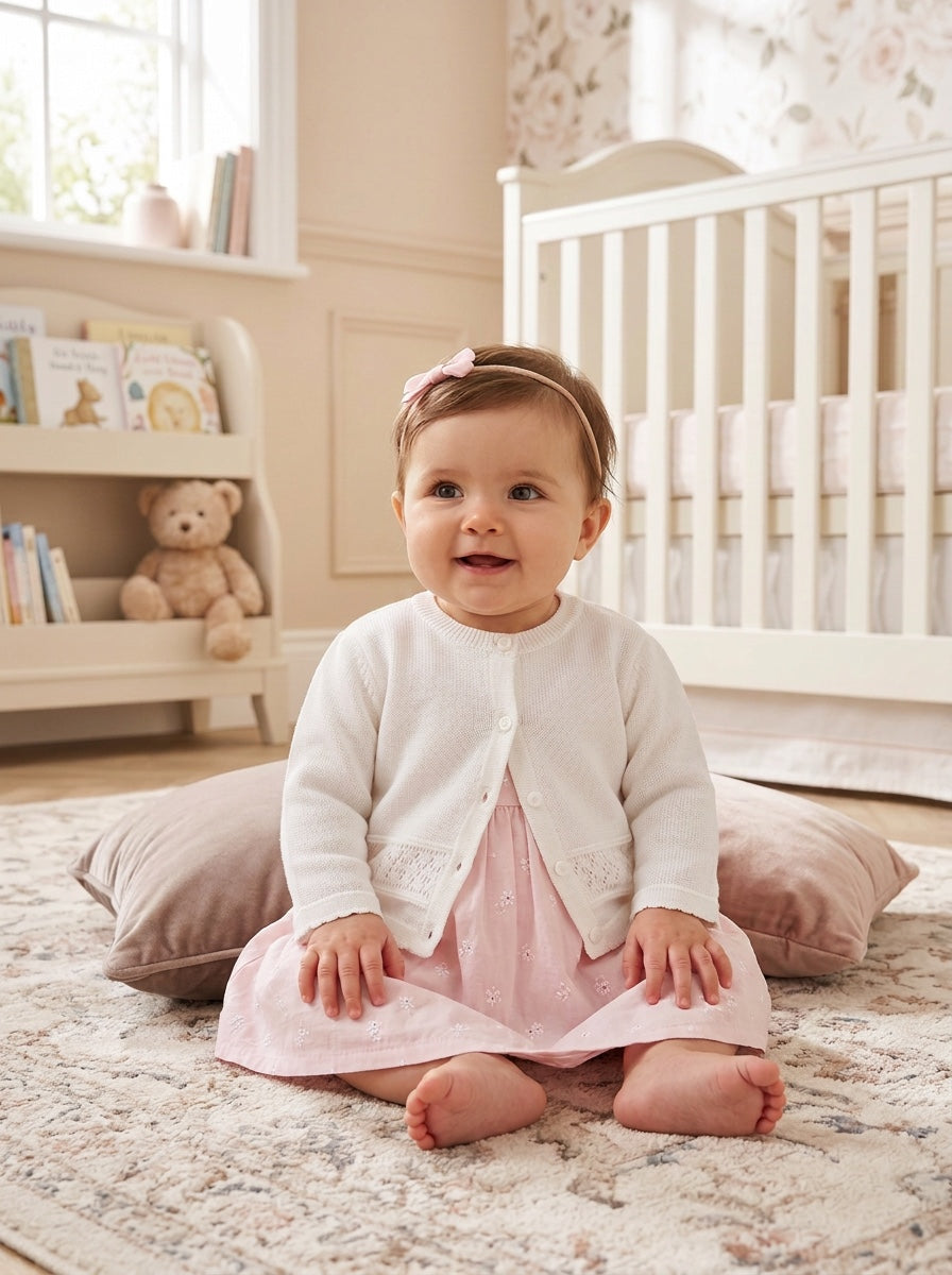 Carriage Boutique baby girl wearing a white knit cardigan over a pink dress in a nursery setting.