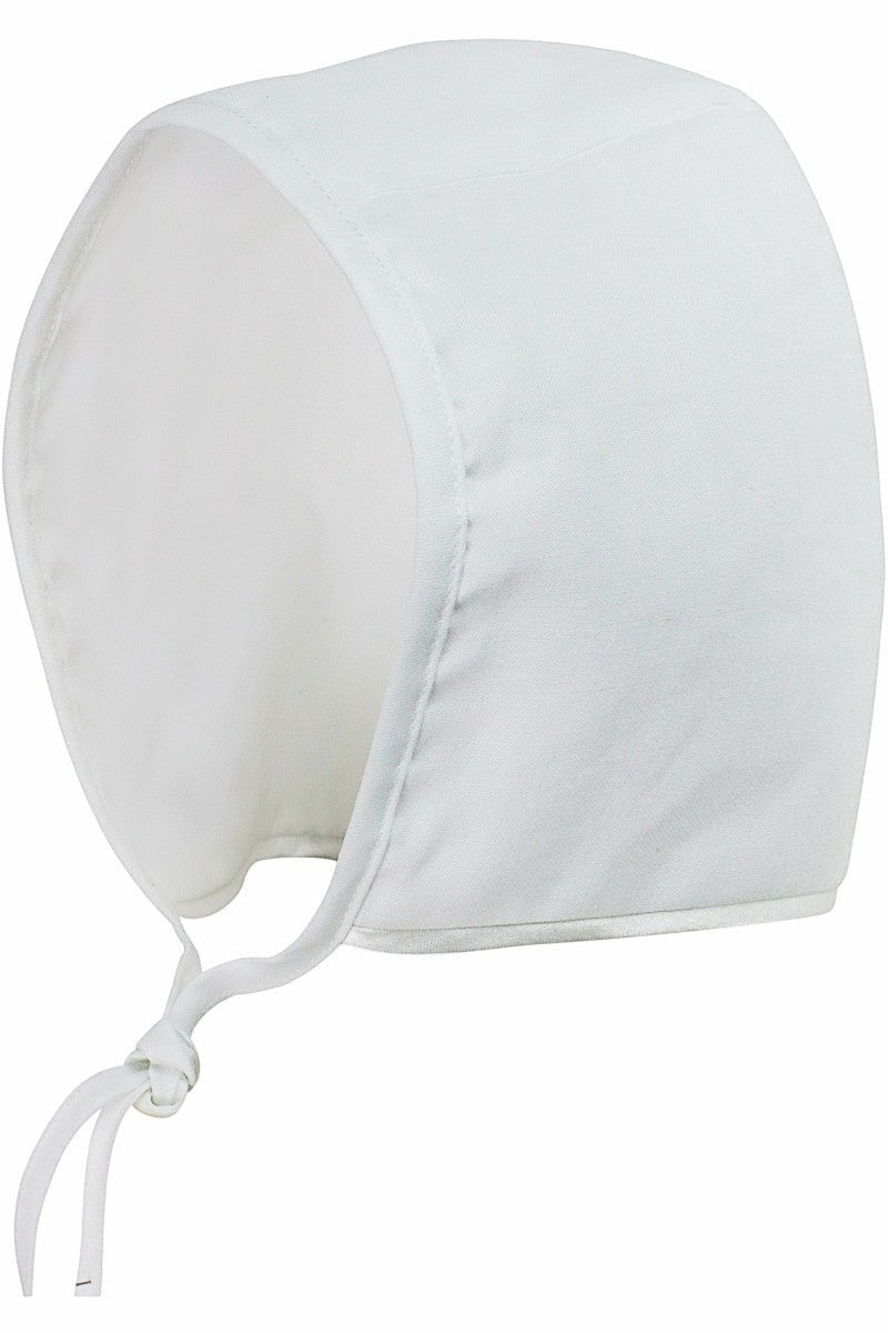 Carriage Boutique white baby christening bonnet with soft fabric and tie closure for baptism ceremonies