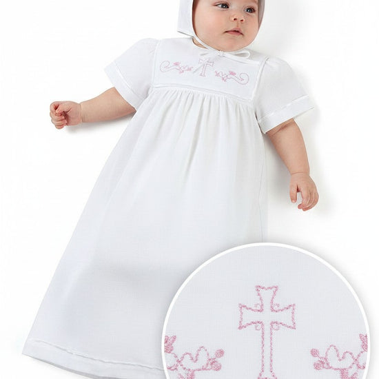 Carriage Boutique white baby christening gown with matching bonnet and pink embroidered cross detail