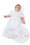 Carriage Boutique white baby christening gown with matching bonnet and pink embroidered cross detail