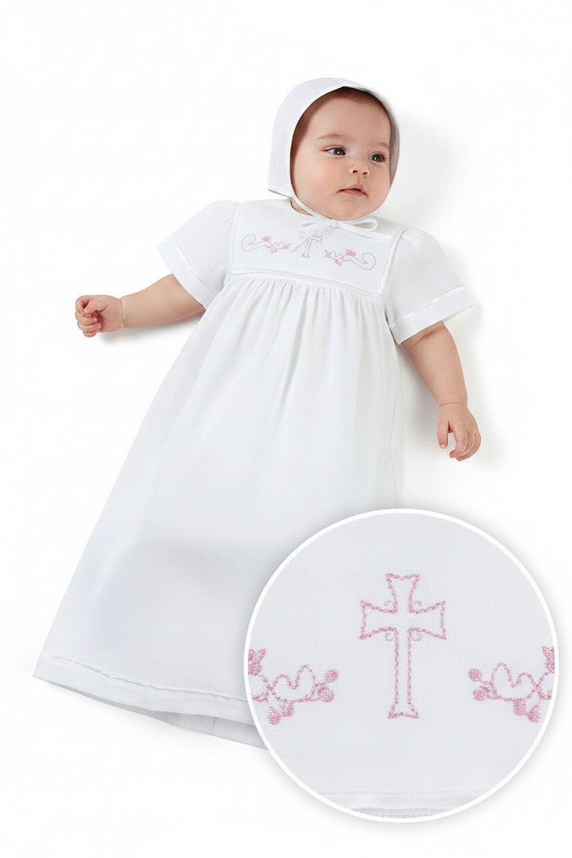 Carriage Boutique white baby christening gown with matching bonnet and pink embroidered cross detail