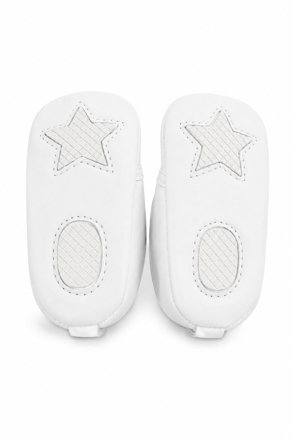 Carriage Boutique white baby christening shoes featuring star-patterned non-slip soles for infants