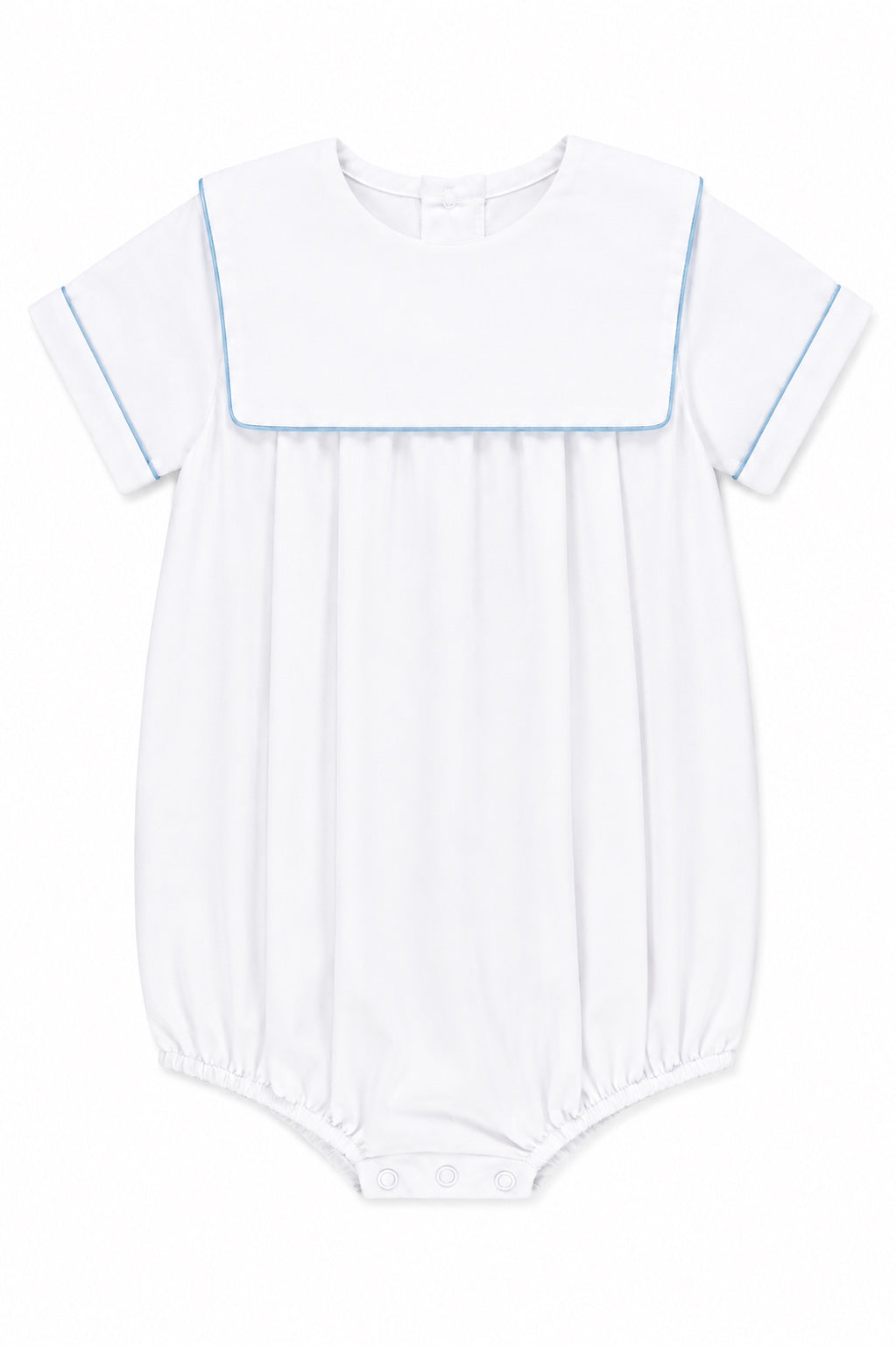 Carriage Boutique white cotton baby boy romper with blue trim, sailor collar, and bottom snaps for easy dressing.